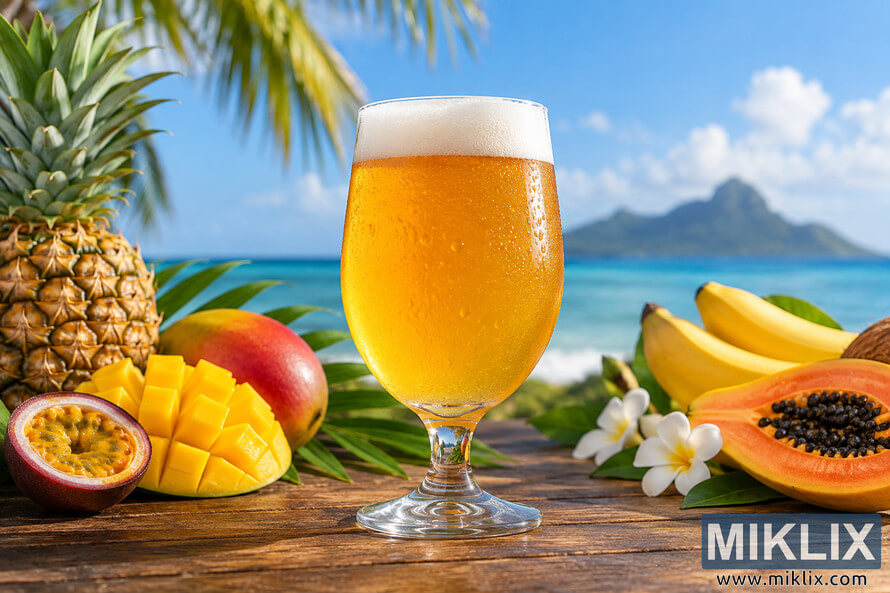 Chilled golden beer with a foamy head surrounded by pineapple, mango, passion fruit, bananas and papaya against a tropical seascape.