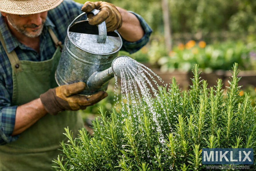 A gardener wearing a straw hat and green apron waters a lush rosemary plant using a metal watering can, with water droplets cascading onto the plant in an outdoor garden setting. A gardener wearing a straw hat and green apron waters a lush rosemary plant using a metal watering can, with water droplets cascading onto the plant in an outdoor garden setting.