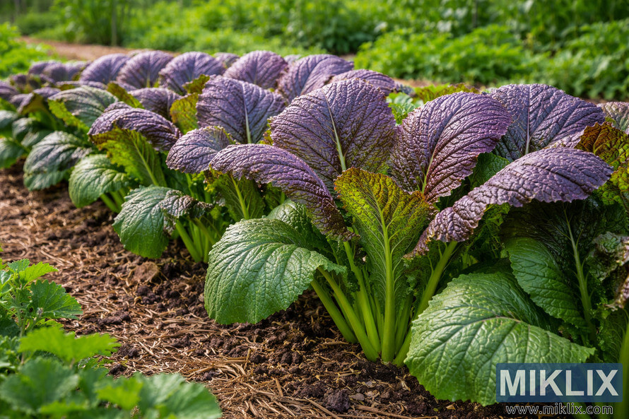High-resolution landscape photo of a row of Asian mustard greens with purple-tinged leaves growing in a mulched vegetable garden bed.