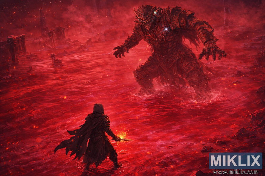 Izometrijska scena u anime stilu Potamnjelog u oklopu Crnog noža okrenutog prema visokom Zmajevom vojniku preko grimiznih voda Jezera Truleži. Izometrijska scena u anime stilu Potamnjelog u oklopu Crnog noža okrenutog prema visokom Zmajevom vojniku preko grimiznih voda Jezera Truleži.