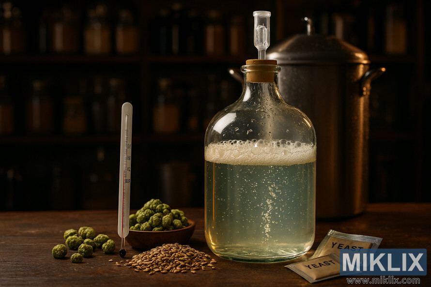Glass carboy with bubbling beer, thermometer, hops, grains, yeast packets, and stainless steel fermenter in cozy brewery setting Glass carboy with bubbling beer, thermometer, hops, grains, yeast packets, and stainless steel fermenter in cozy brewery setting