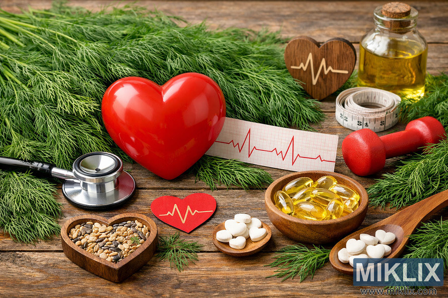 A landscape photo depicting heart health with fresh dill, a red heart model, stethoscope, ECG paper strip, fish oil capsules, heart-shaped tablets, and other wellness symbols arranged on a rustic wooden surface. A landscape photo depicting heart health with fresh dill, a red heart model, stethoscope, ECG paper strip, fish oil capsules, heart-shaped tablets, and other wellness symbols arranged on a rustic wooden surface.