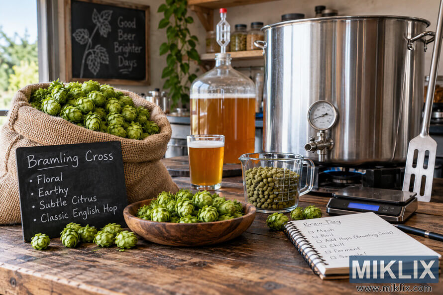 Landscape photo of a rustic homebrewing setup with fresh Bramling Cross hop cones, hop pellets, a stainless-steel brewing kettle, fermenter, digital scale, measuring jug, brew-day notebook, and a glass of golden beer.