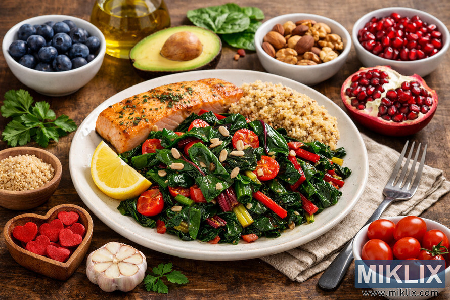 Heart-healthy meal on a rustic wooden table featuring a central plate of sautéed Swiss chard with cherry tomatoes, minced garlic, sunflower seeds, a wedge of lemon, grilled salmon, and a scoop of quinoa, surrounded by bowls of blueberries, avocado, olive oil, mixed nuts, pomegranate seeds, cherry tomatoes, flaxseeds, a halved garlic bulb, fresh parsley, a heart-shaped wooden dish with red cutouts, and a halved pomegranate, with a stainless steel fork resting on a beige linen napkin.
