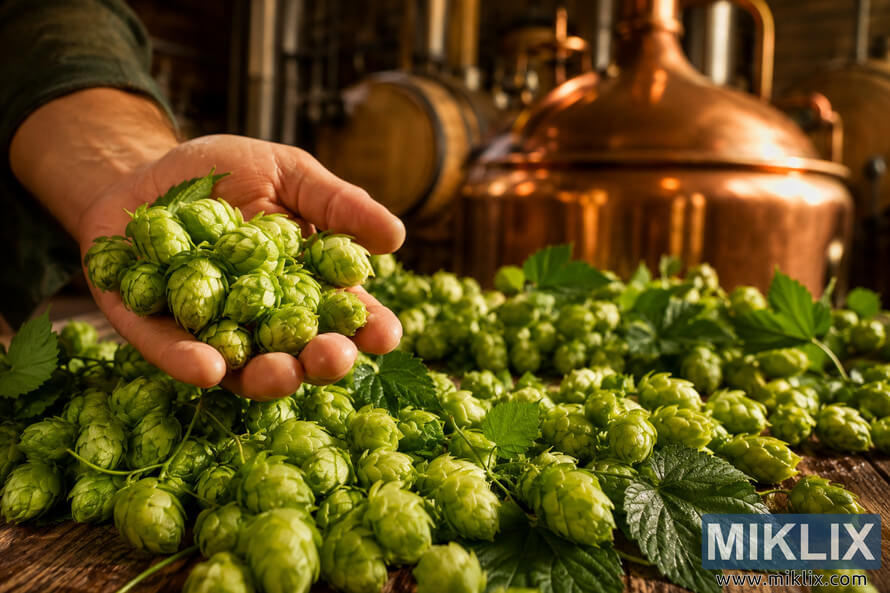 Close-up of fresh green Lubelska hops covered in dewdrops, held gently in a hand inside a warm rustic brewery with blurred copper brewing equipment and wooden barrels in the background. Close-up of fresh green Lubelska hops covered in dewdrops, held gently in a hand inside a warm rustic brewery with blurred copper brewing equipment and wooden barrels in the background.