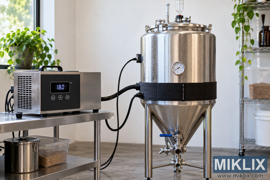 Landscape photo of a stainless-steel conical fermenter connected by hoses to a digital fermentation temperature controller displaying 18.0°C in a bright, clean brewing workspace. Landscape photo of a stainless-steel conical fermenter connected by hoses to a digital fermentation temperature controller displaying 18.0°C in a bright, clean brewing workspace.