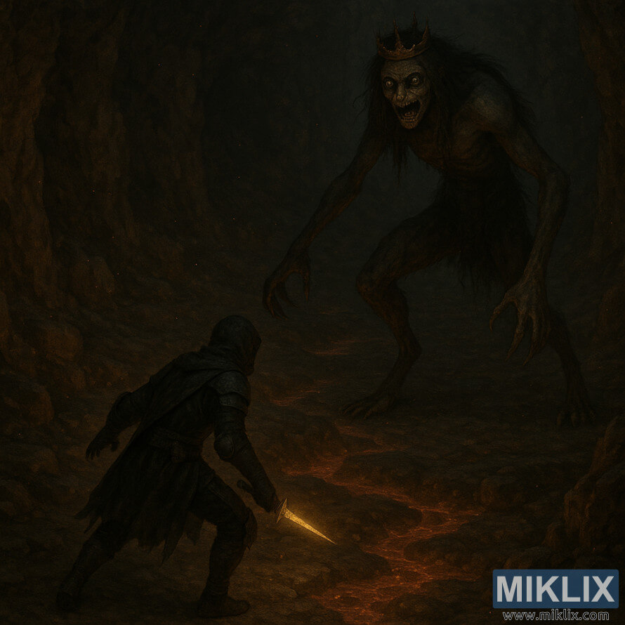 မီးတောင်ဂူထဲတွင် မြင့်မားသော Demi-Human ဘုရင်မ Margot နှင့် ထိပ်တိုက်တွေ့သော မှိန်မှိန်၏ Isometric အမှောင်-စိတ်ကူးယဉ်မြင်ကွင်း။