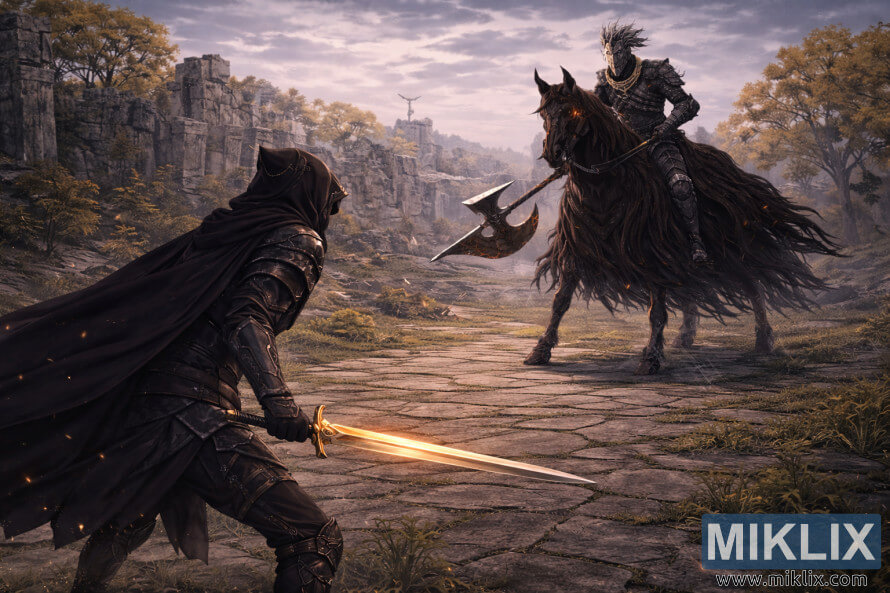 Anime-fantasy-scene av en hettekledd pansret kriger med et glÃ¸dende gyllent sverd sett bakfra mot en ruvende, bereden mÃ¸rk ridder i et vidt, Ã¸delagt landskap fÃ¸r kamp.