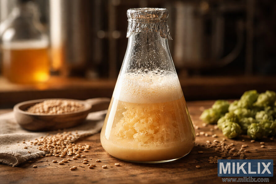 High-resolution close-up of a bubbling liquid yeast starter in a clear glass flask on a wooden table, surrounded by malt grains and hops with blurred brewing equipment in the background. High-resolution close-up of a bubbling liquid yeast starter in a clear glass flask on a wooden table, surrounded by malt grains and hops with blurred brewing equipment in the background.