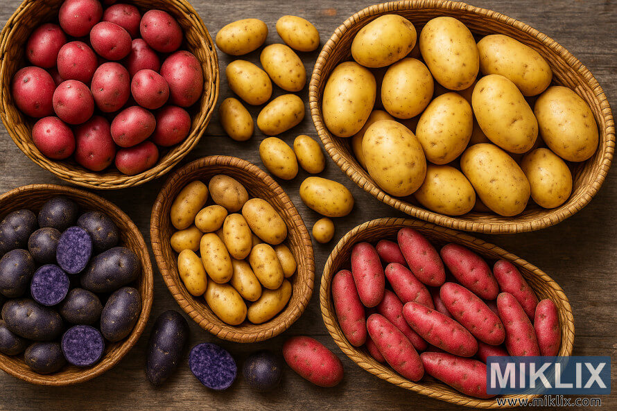 Assorted colorful potatoes in woven baskets on a rustic wooden table