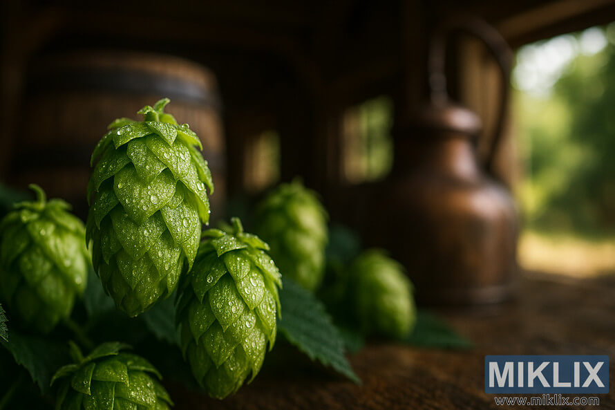 Close-up of dew-covered Orion hop cones with a blurred barrel and kettle in a barn