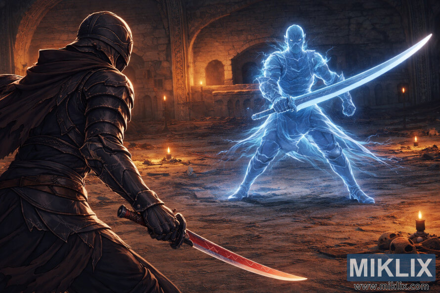 Anime-style Elden Ring fan art showing the Tarnished on the left, seen from behind, facing a ghostly blue knight wielding a great katana inside the Eastern Nameless Mausoleum. Anime-style Elden Ring fan art showing the Tarnished on the left, seen from behind, facing a ghostly blue knight wielding a great katana inside the Eastern Nameless Mausoleum.