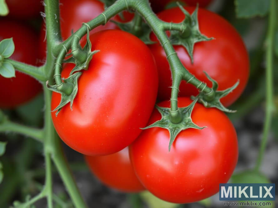 Gros plan de tomates rouges mÃ»res sur la vigne avec des feuilles vert vif.