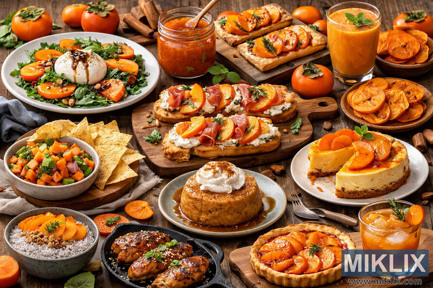 A high-resolution landscape photograph featuring a rustic wooden table filled with diverse persimmon-based dishes, including salads, tarts, puddings, crostini, and beverages, arranged artfully with warm lighting and natural textures.