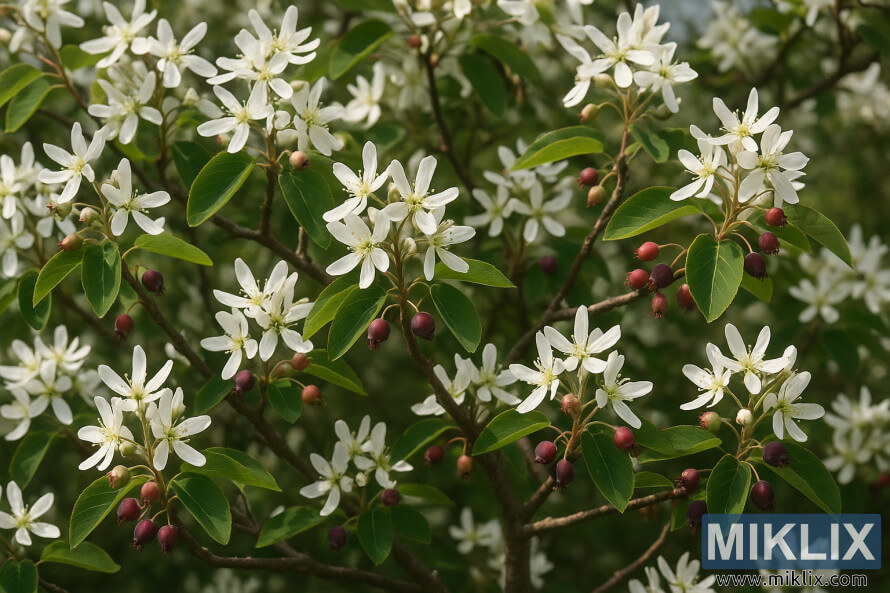 AmÃ©lanchier en fleurs avec des fleurs blanches et des baies mÃ»res de prÃ¨s.