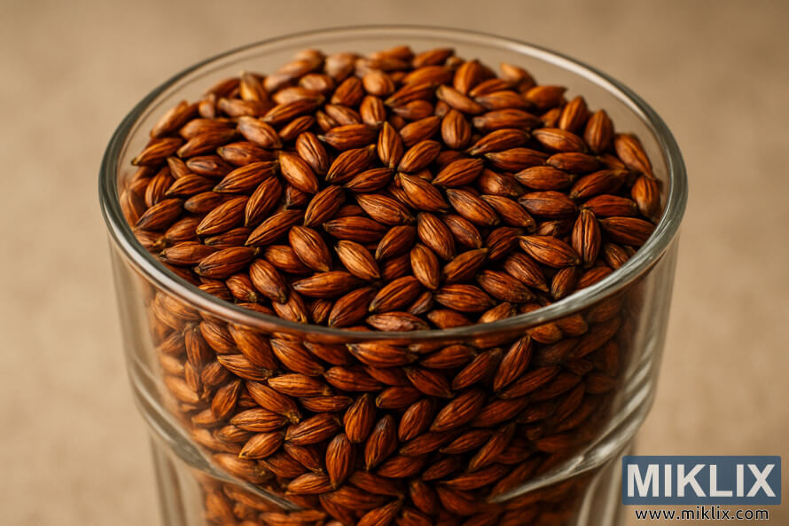 Close-up ng Munich malt butil sa isang baso, kumikinang na may malalim na kulay ng amber sa ilalim ng mainit na liwanag.