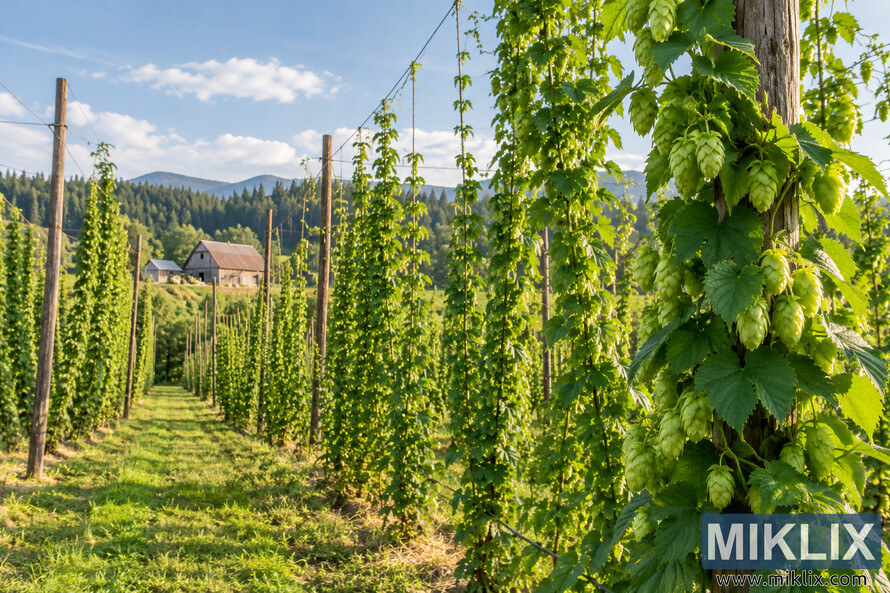 Landscape view of a historic hop farm with mature green hop cones and leafy vines climbing traditional wooden trellises, with rustic barns, forested hills, and a blue sky in the background. Landscape view of a historic hop farm with mature green hop cones and leafy vines climbing traditional wooden trellises, with rustic barns, forested hills, and a blue sky in the background.