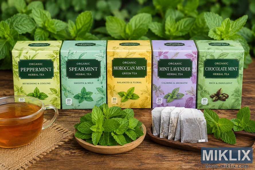 A high-resolution landscape image featuring a collection of organic mint herbal teas displayed on a rustic wooden table. Five pastel-colored tea boxes with botanical illustrations are arranged side by side in front of fresh green mint leaves. A glass cup of amber-colored tea, loose mint sprigs, tea bags on a wooden tray, and soft natural lighting create a warm and refreshing organic tea scene. A high-resolution landscape image featuring a collection of organic mint herbal teas displayed on a rustic wooden table. Five pastel-colored tea boxes with botanical illustrations are arranged side by side in front of fresh green mint leaves. A glass cup of amber-colored tea, loose mint sprigs, tea bags on a wooden tray, and soft natural lighting create a warm and refreshing organic tea scene.