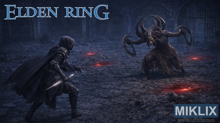 Fan art of Tarnished in Black Knife armor battling Curseblade Labirith in Bonny Gaol from Elden Ring: Shadow of the Erdtree Fan art of Tarnished in Black Knife armor battling Curseblade Labirith in Bonny Gaol from Elden Ring: Shadow of the Erdtree
