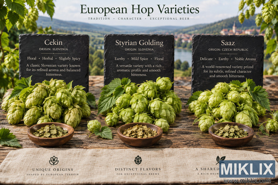 Landscape comparison of Cekin, Styrian Golding and Saaz European hop varieties, with fresh green hop cones, dried hops and informational slate panels on a rustic wooden table overlooking a European countryside.