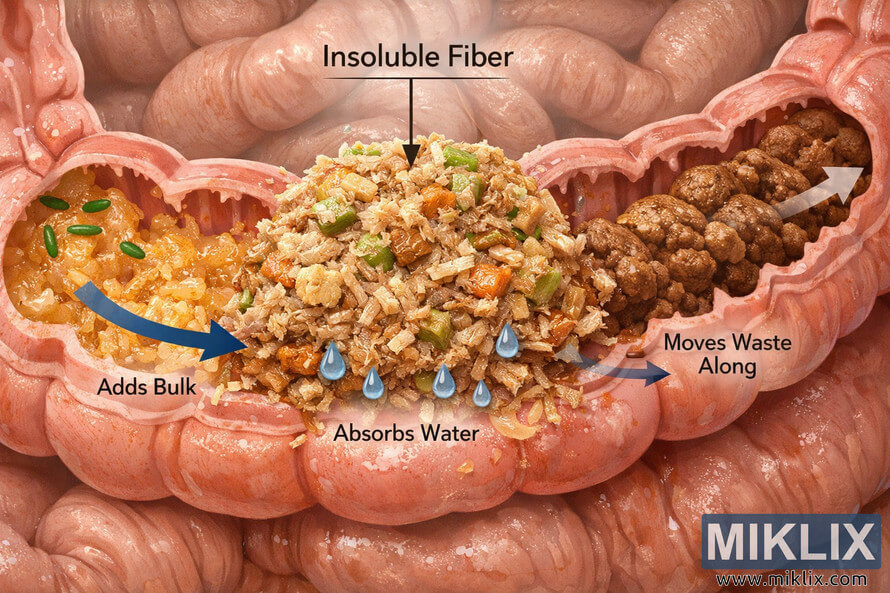 Medical illustration showing insoluble fiber adding bulk to digestive content in the human intestines, with labeled arrows indicating absorption of water and movement of waste.
