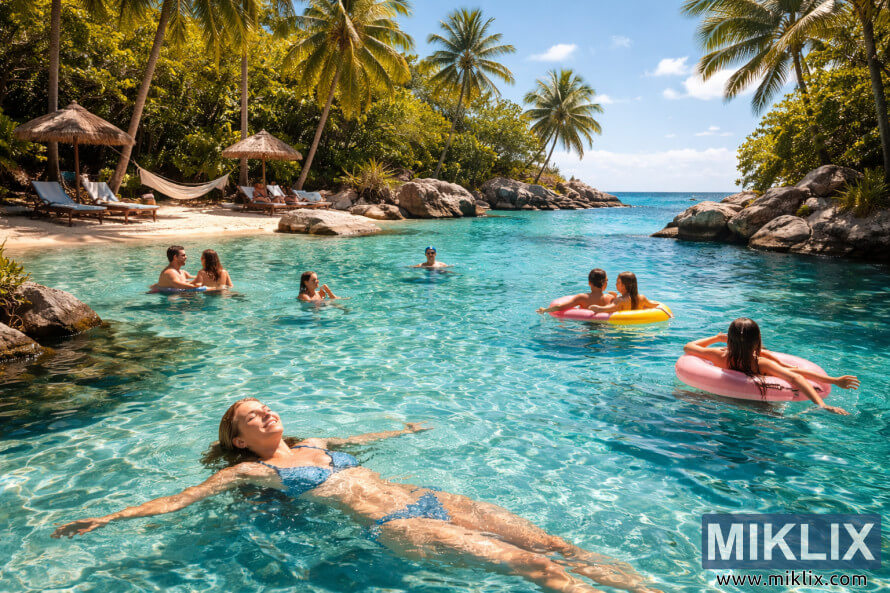 People swimming and relaxing in clear turquoise water at a sunny tropical beach with palm trees