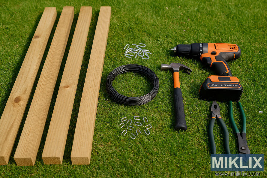 Des poteaux en bois, du fil de fer, des agrafes et des outils sont disposÃ©s sur l'herbe pour construire un treillis Ã  mÃ»res.