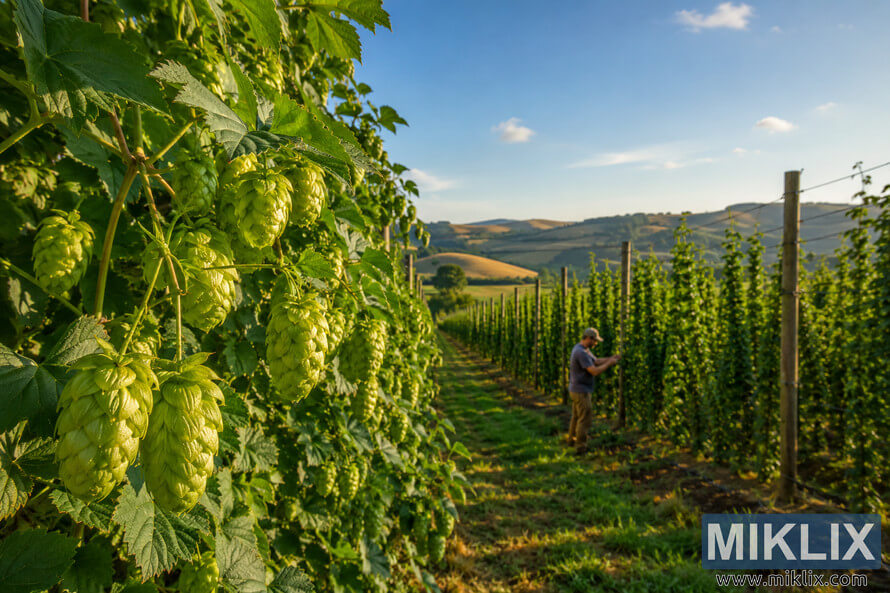 Landscape photograph of a thriving Challenger hop farm at sunrise, featuring close-up green hop cones on cascading vines in the foreground, orderly trellised hop rows extending into rolling hills, and a farmer carefully tending the plants beneath a clear blue sky. Landscape photograph of a thriving Challenger hop farm at sunrise, featuring close-up green hop cones on cascading vines in the foreground, orderly trellised hop rows extending into rolling hills, and a farmer carefully tending the plants beneath a clear blue sky.