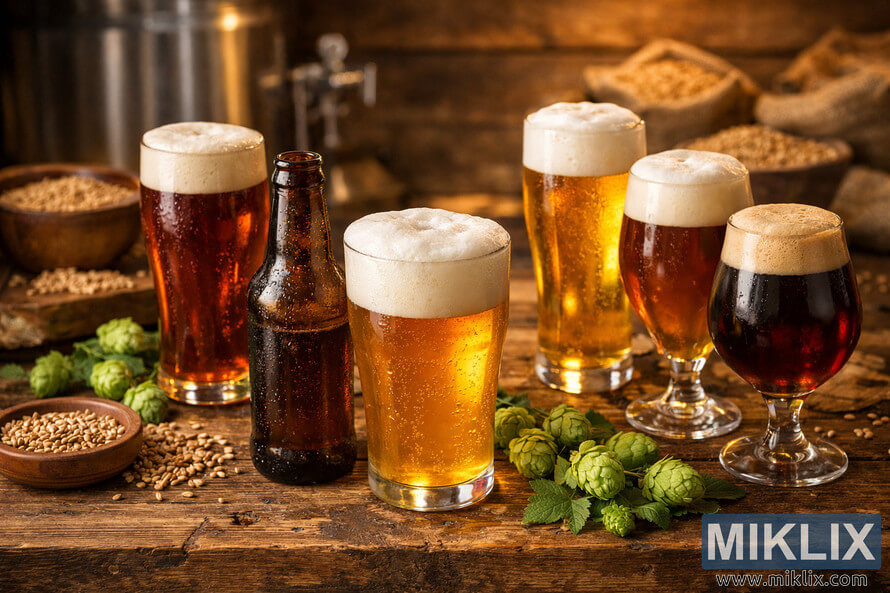 A warm, inviting craft beer scene featuring various beer styles on a rustic wooden table with hops, malt, and brewing equipment softly blurred in the background. A warm, inviting craft beer scene featuring various beer styles on a rustic wooden table with hops, malt, and brewing equipment softly blurred in the background.