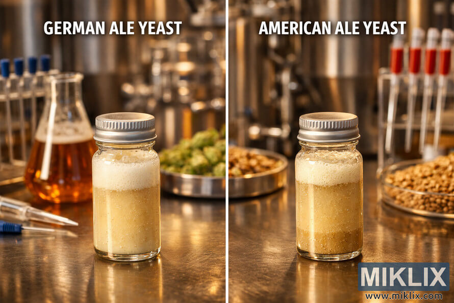 Split-screen brewing laboratory photograph comparing German Ale Yeast and American Ale Yeast in clear glass vials on a stainless steel surface, with warm lighting, blurred fermenters, flasks, pipette racks, and soft-focus hops and grains in the background. Split-screen brewing laboratory photograph comparing German Ale Yeast and American Ale Yeast in clear glass vials on a stainless steel surface, with warm lighting, blurred fermenters, flasks, pipette racks, and soft-focus hops and grains in the background.