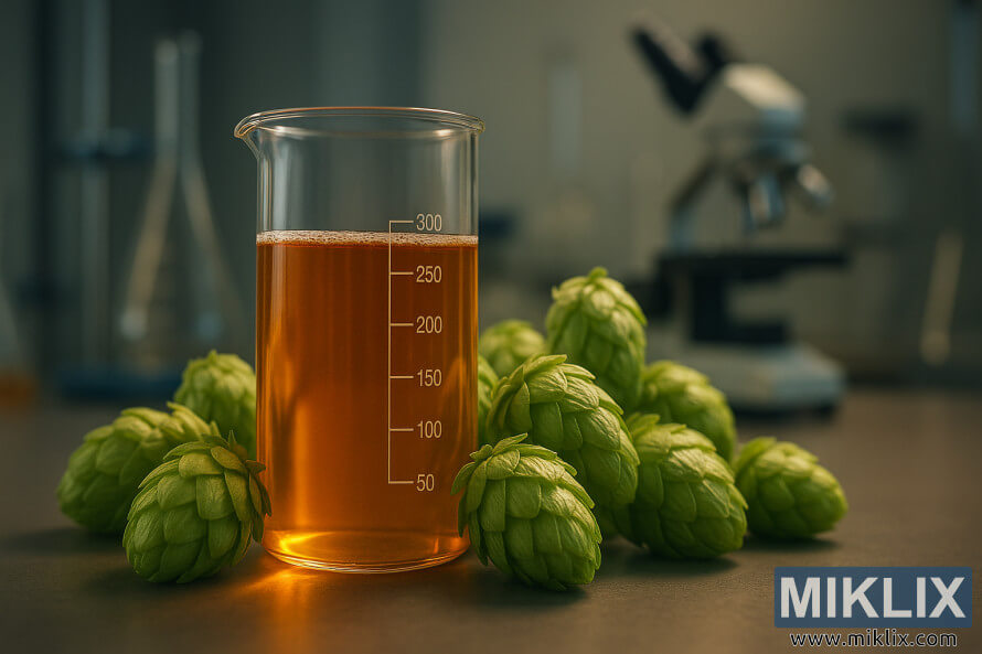 ÄaÅ¡a sa zlatno-Äilibarnom teÄnoÅ¡Äu okruÅ¾ena zelenim Å¡iÅ¡arkama hmelja u modernoj laboratoriji.