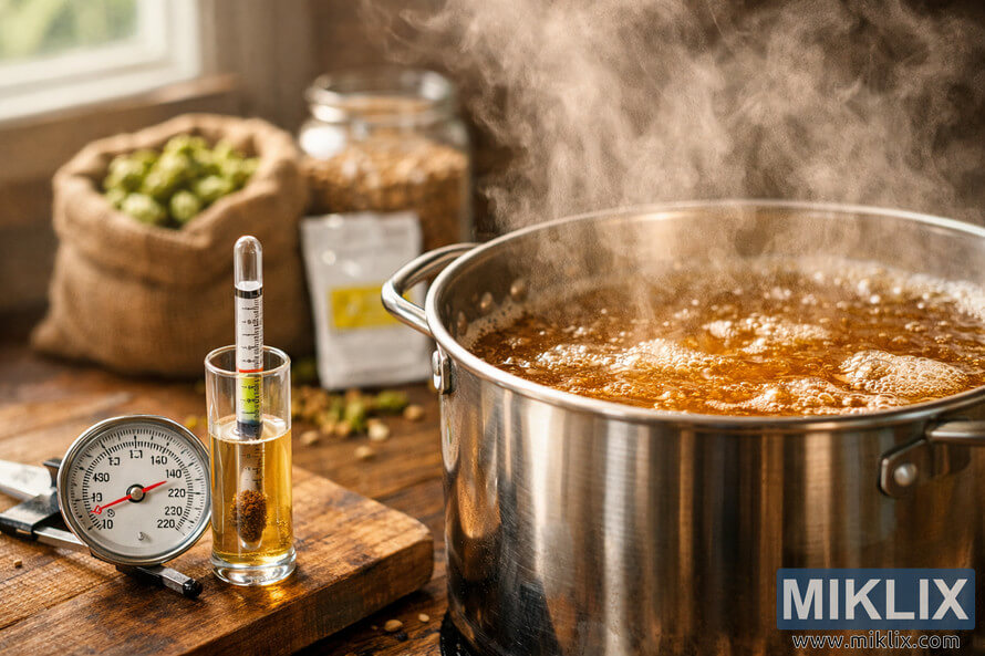 Close-up of a stainless steel pot boiling golden wort with steam rising, thermometer and hydrometer on a wooden counter, brewing ingredients softly blurred in the background.