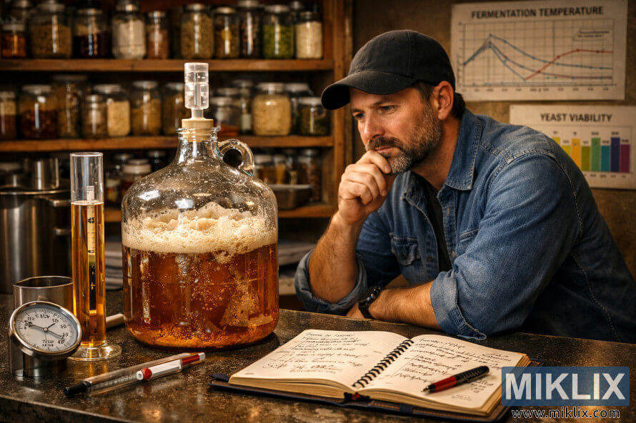 A brewer thoughtfully examines a bubbling glass carboy on a countertop surrounded by brewing tools, notes, and ingredient shelves under warm lighting.