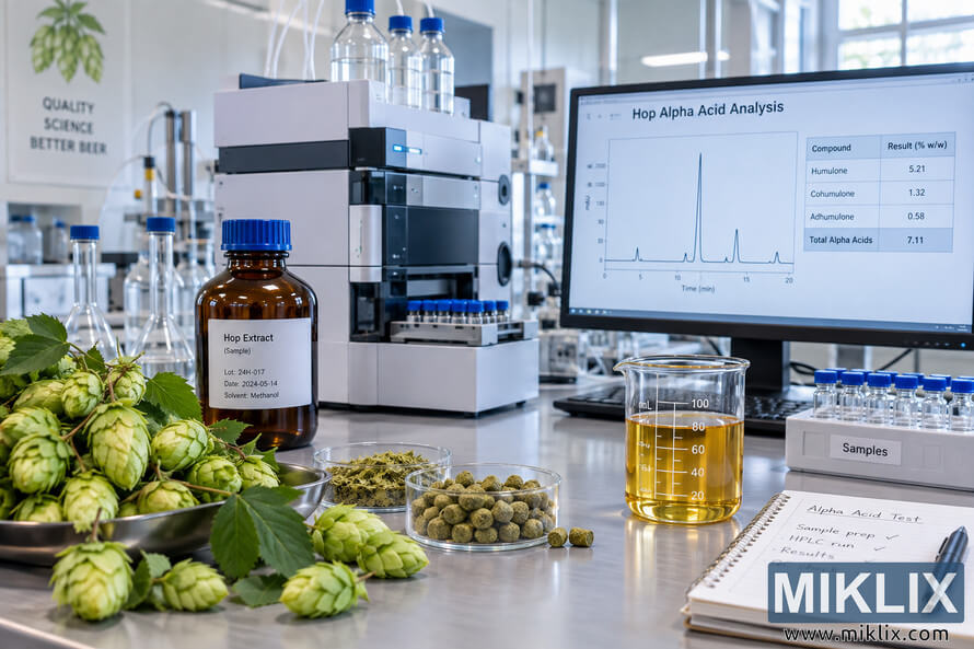Photorealistic laboratory bench with hop cones, hop extract samples, glassware, chromatography equipment, sample vials, and a monitor displaying hop alpha acid analysis results. Photorealistic laboratory bench with hop cones, hop extract samples, glassware, chromatography equipment, sample vials, and a monitor displaying hop alpha acid analysis results.