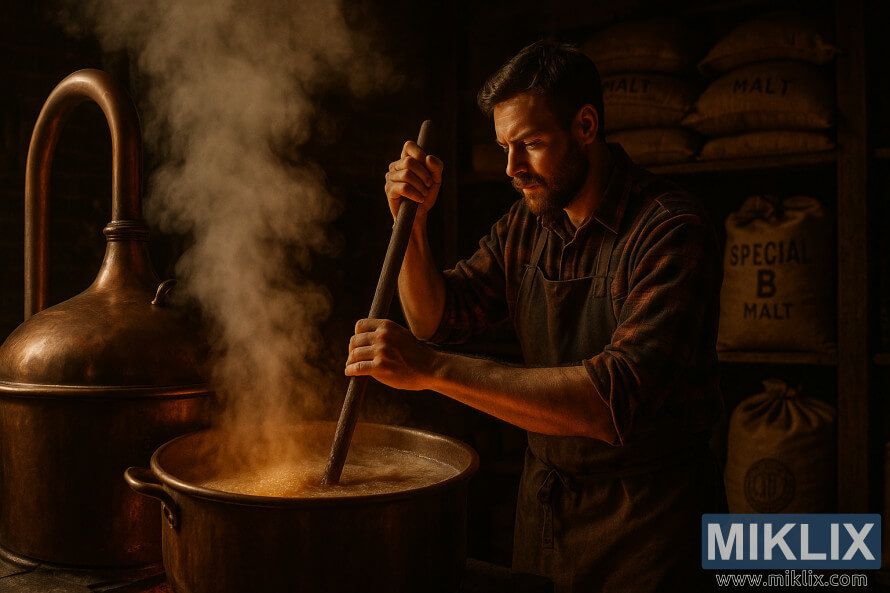 Pivovar meÅ¡a vrelo pivino v bakrenem kotlu, v ozadju pa so vreÄke slada Special B. Pivovar meÅ¡a vrelo pivino v bakrenem kotlu, v ozadju pa so vreÄke slada Special B.