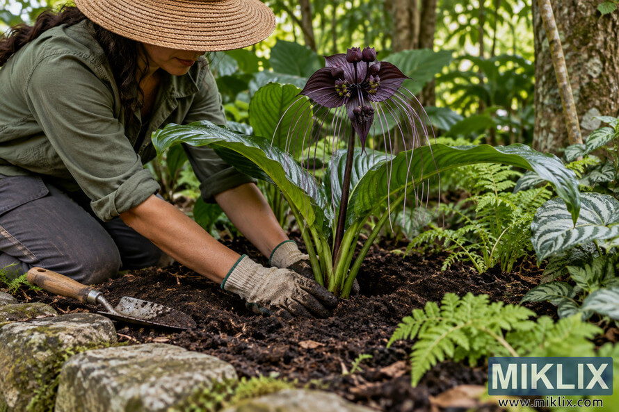 Gardener kneeling in a shaded garden bed and planting a dark purple bat flower among ferns and lush green foliage. Gardener kneeling in a shaded garden bed and planting a dark purple bat flower among ferns and lush green foliage.