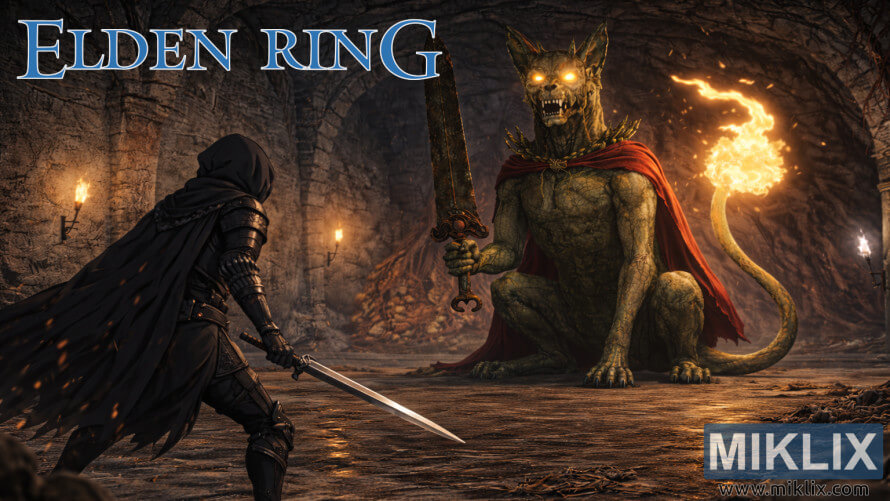 Fan art of a black armored warrior facing a giant stone watchdog boss with a flaming tail inside a dark underground dungeon.