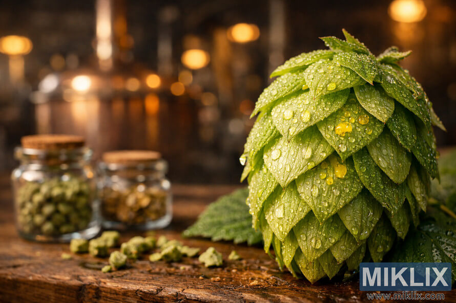 Close-up of a dew-covered Cerera hop cone on a rustic wooden table with hop pellets and blurred copper brewing kettles in the background.
