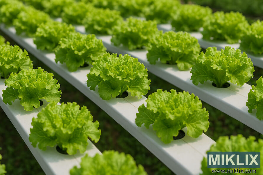 Rows of vibrant green lettuce growing in a hydroponic system with white troughs