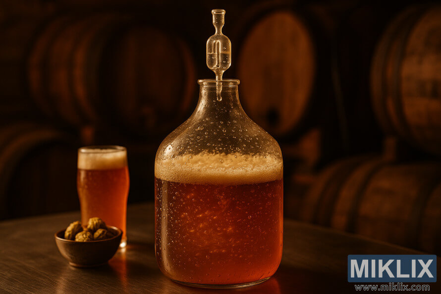 Glass carboy na may amber beer fermenting, frothy head, airlock, hops, at pint glass sa mainit na liwanag.