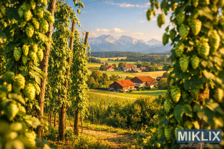Mature green hop vines on wooden trellises in a sunlit Hallertau field with Bavarian farmhouses, rolling hills, and distant mountains under a blue sky. Mature green hop vines on wooden trellises in a sunlit Hallertau field with Bavarian farmhouses, rolling hills, and distant mountains under a blue sky.
