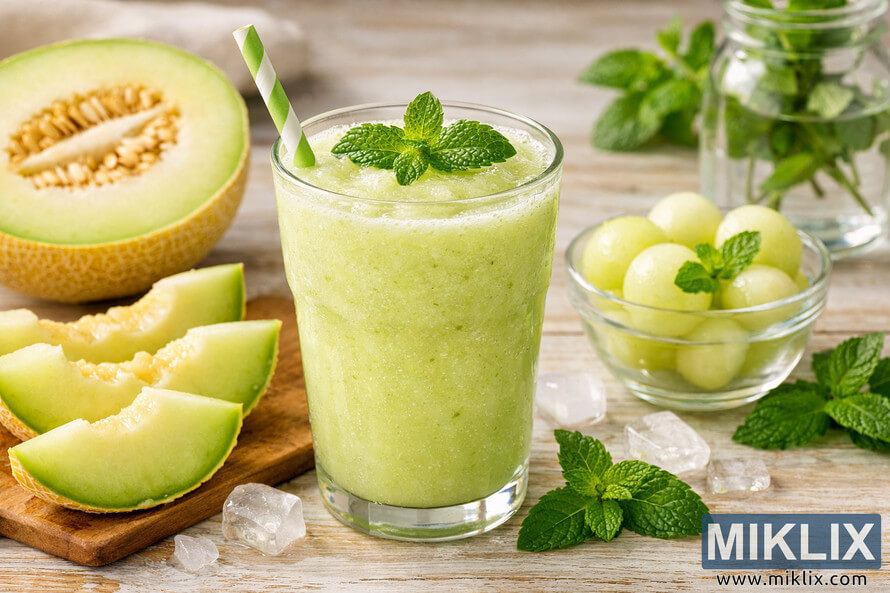 A honeydew melon smoothie in a tall glass topped with fresh mint leaves, surrounded by melon slices and a bowl of melon balls on a wooden table. A honeydew melon smoothie in a tall glass topped with fresh mint leaves, surrounded by melon slices and a bowl of melon balls on a wooden table.