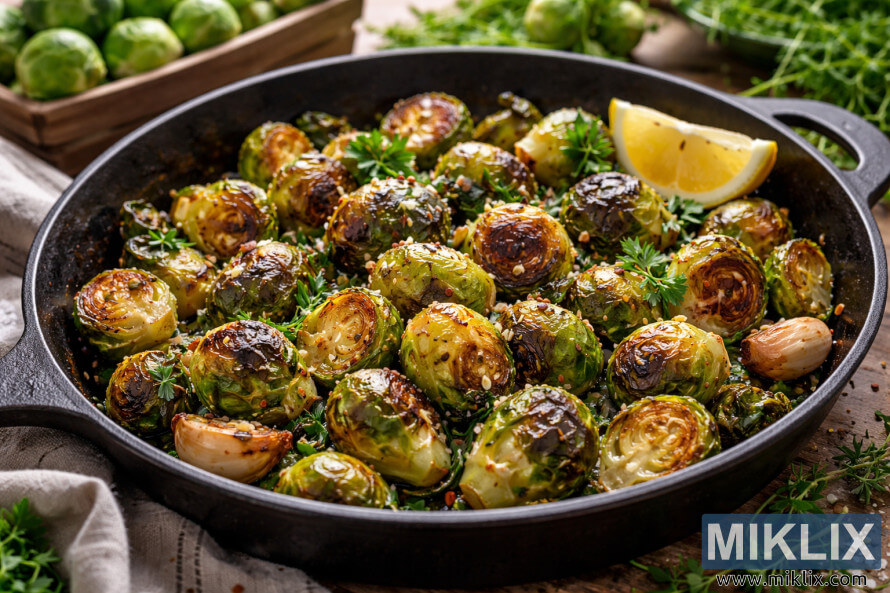 Goudbruin geroosterde Brusselse spruite met knoffel en kruie bedien in 'n gietysterpan, met vars tuinspruite in die agtergrond