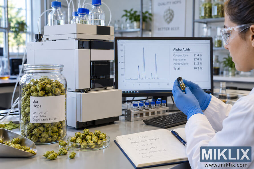 Laboratory researcher wearing safety glasses and blue gloves inspects a hop extract beside Bor hop cones, unbranded chromatography equipment, sample vials, and a monitor displaying alpha acid analysis results. Laboratory researcher wearing safety glasses and blue gloves inspects a hop extract beside Bor hop cones, unbranded chromatography equipment, sample vials, and a monitor displaying alpha acid analysis results.