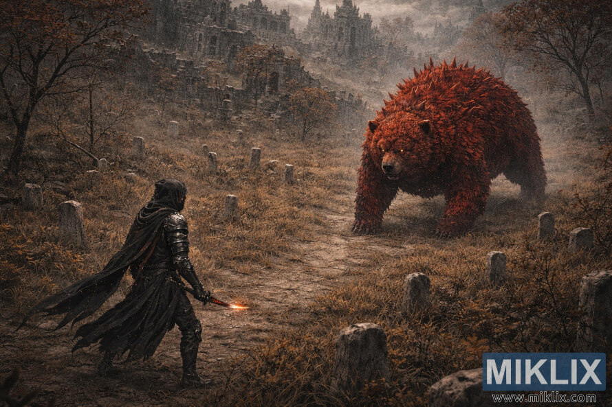 Anime-style scene of the Tarnished in Black Knife armor approaching Rugalea the Great Red Bear along a grave-lined path in the ruins of Rauh Base.