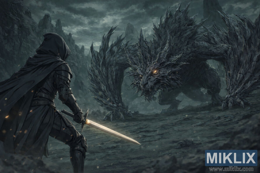 Fan art in stile anime dell'armatura Tarnished in Black Knife che brandisce una spada mentre affronta un'enorme bestia frastagliata in una landa desolata grigio-verde scuro prima della battaglia. Fan art in stile anime dell'armatura Tarnished in Black Knife che brandisce una spada mentre affronta un'enorme bestia frastagliata in una landa desolata grigio-verde scuro prima della battaglia.