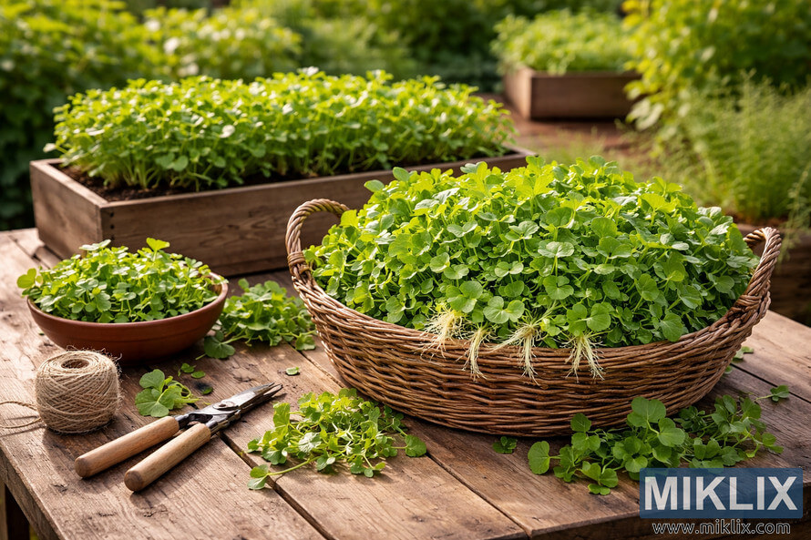 Basket overflowing with freshly harvested watercress on a rustic wooden table in a bright garden with planter boxes and gardening tools.