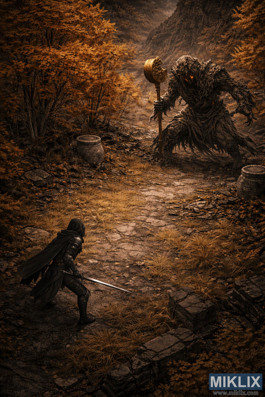 Isomeetriline tume fantaasia Elden Ringi fÃ¤nnikunst, kus on kujutatud sÃ¼gisestes varemetes all Tarnishedit ja Ã¼lal Erdtree avatari hetked enne lahingut.