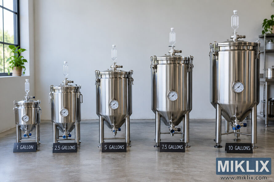 Five unbranded stainless-steel fermenters arranged from smallest to largest in a bright laboratory, labeled 1 gallon, 2.5 gallons, 5 gallons, 7.5 gallons, and 10 gallons to illustrate batch-size scaling. Five unbranded stainless-steel fermenters arranged from smallest to largest in a bright laboratory, labeled 1 gallon, 2.5 gallons, 5 gallons, 7.5 gallons, and 10 gallons to illustrate batch-size scaling.