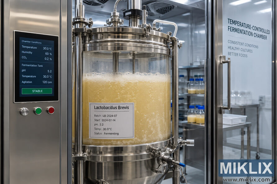 Stainless-steel fermentation vessel containing a bubbling Lactobacillus Brevis batch inside a clean temperature-controlled chamber with digital monitoring equipment.